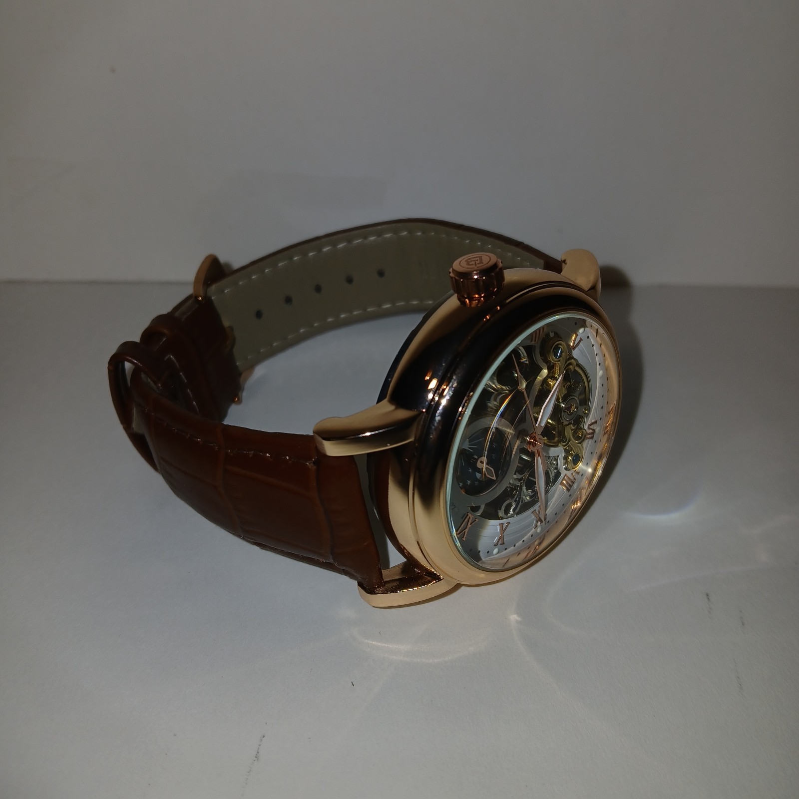 ​BiBi Automatic Watch Skeleton Mechanical Rose Gold Case Brown Leather Moonphase