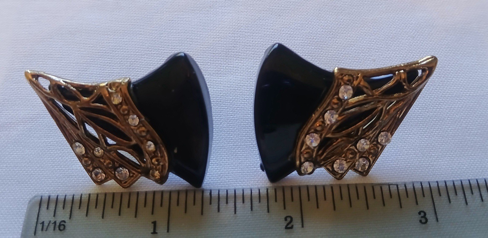 Vintage ART Deco Style Black & Gold Tone Rhinestone Set Earrings & Brooch