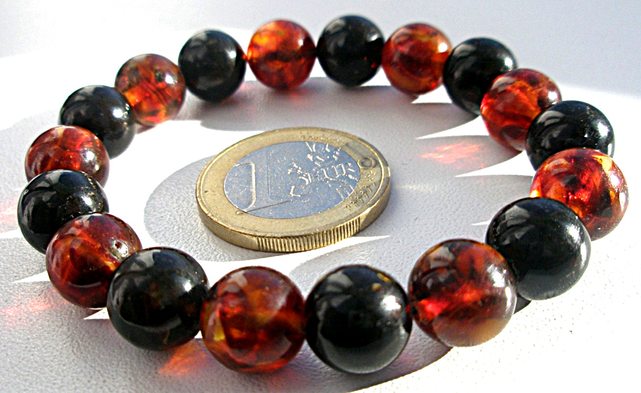 Real Baltic Amber Boho Round Beads 9 mm, Bracelet 16 cm 6.3”, Red Cherry, Black
