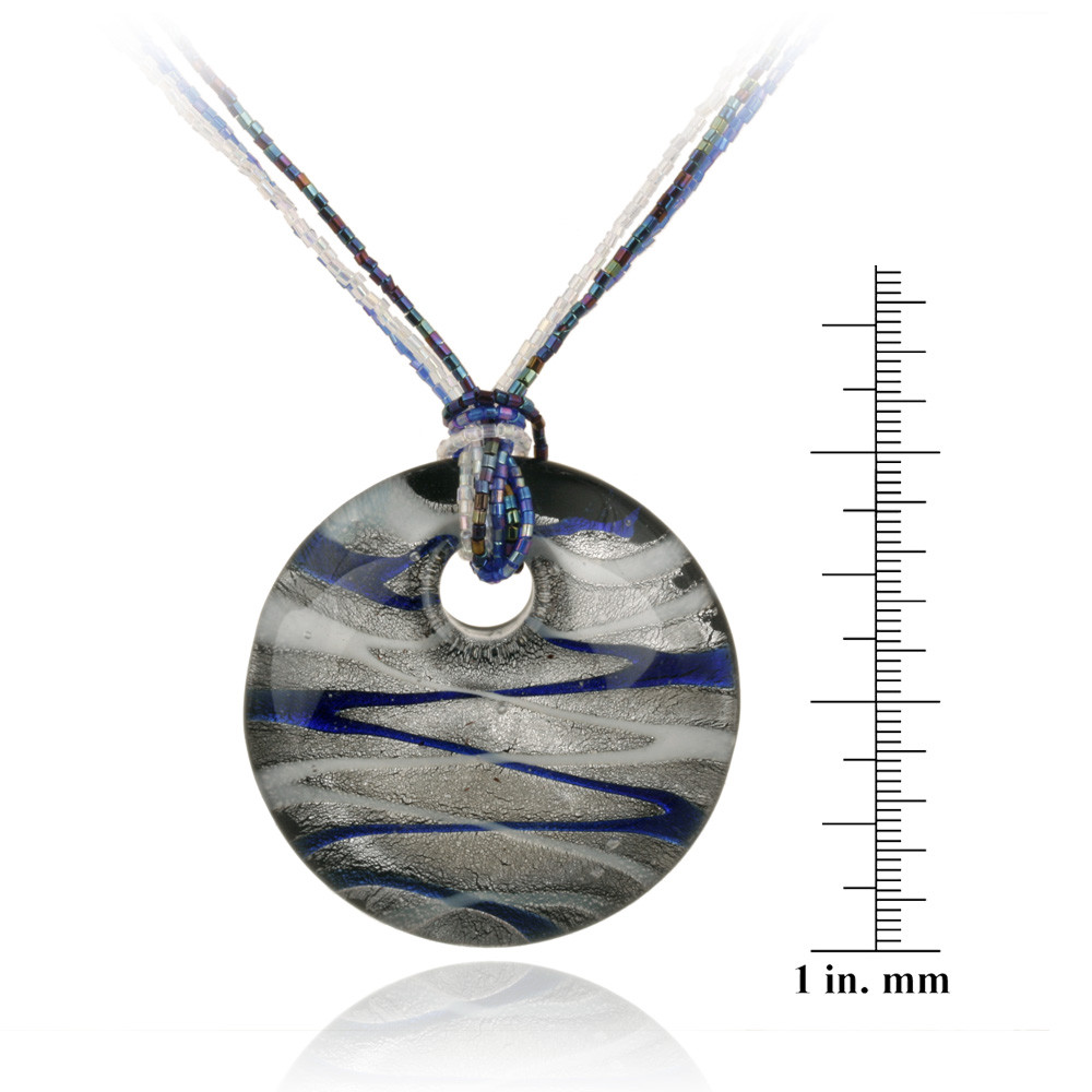 Blue White & Silver Glass Disc Fashion Pendant, 16″