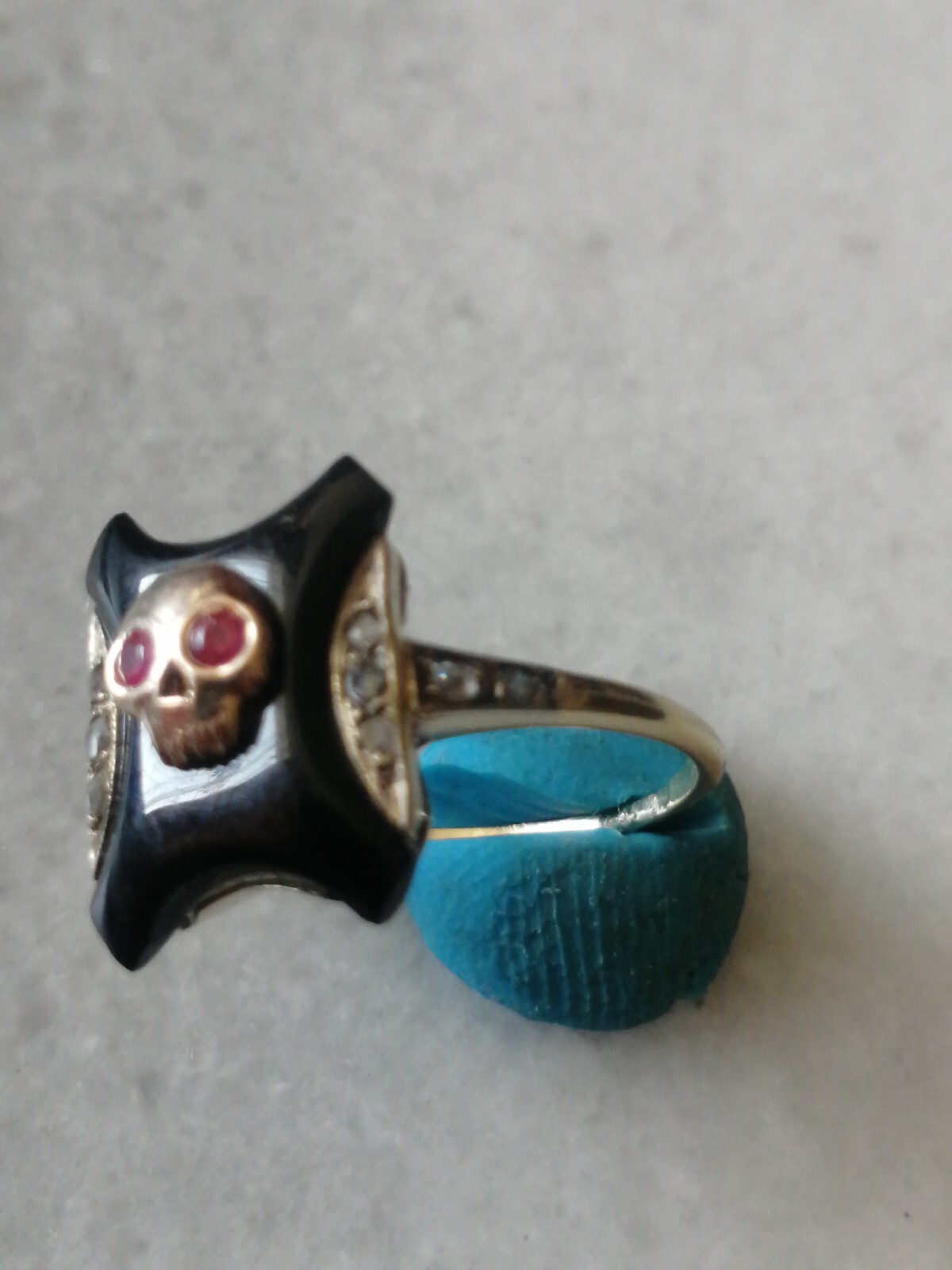 Antique Rare Memento Mori 14kt Yellow Gold, Diamonds,Rubies Stone Ring