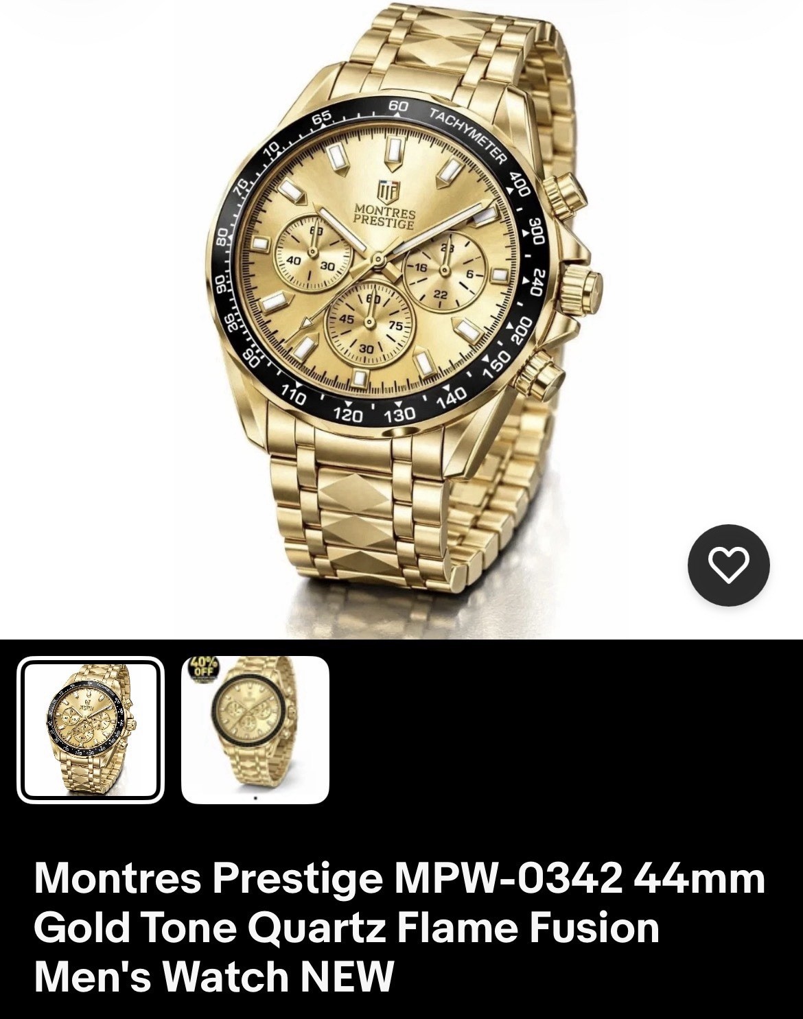 Montres Prestige Men’s Quartz Chronograph Gold Bracelet Black Bezel mpw0342