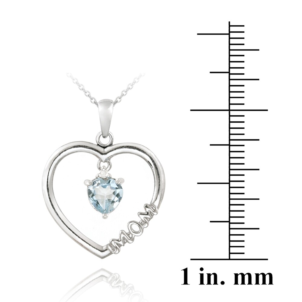 925 Silver Dangling .90ct Blue Topaz & Diamond Accent “Mom” Open Heart Necklace,