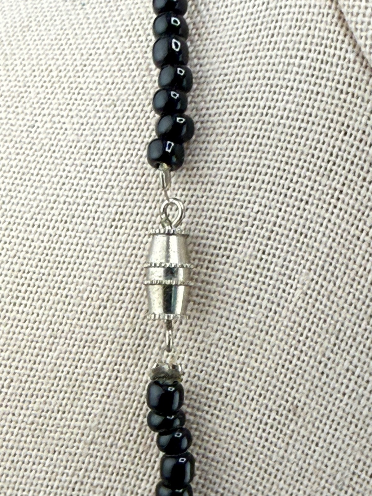 Vintage Glass Beaded Necklace Black Blue Orange Green 20”
