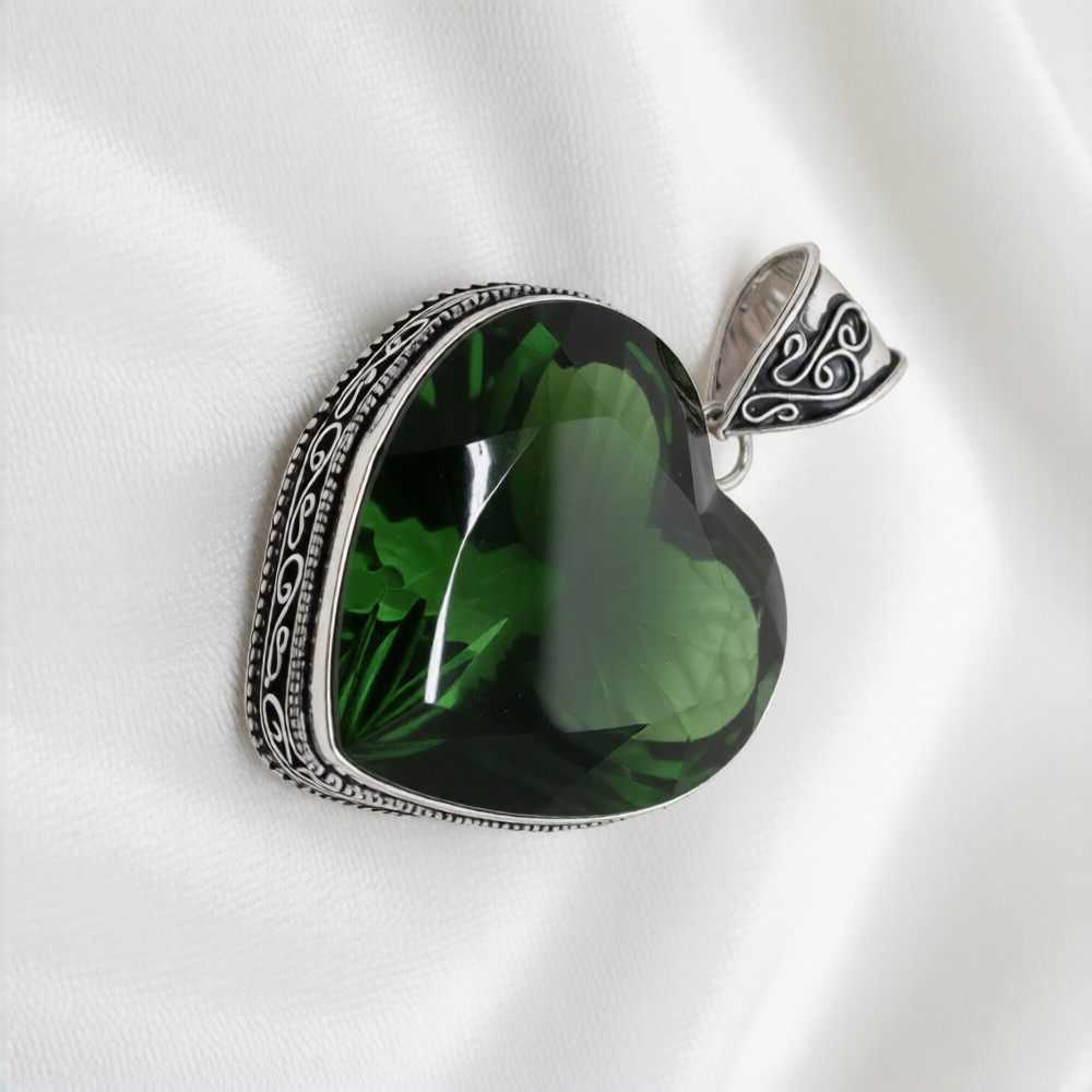 Peridot Heart Gemstone Handmade 925 Sterling Silver Ethnic Jewelry Pendant 2″