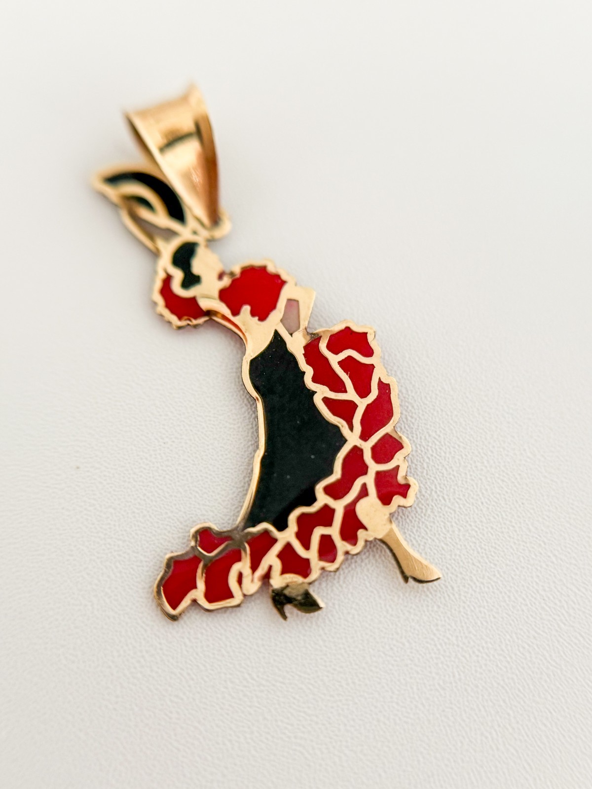 14k Solid Gold Tango, Salsa Pendant, Black & Red Enamel Necklace, Dancing Woman