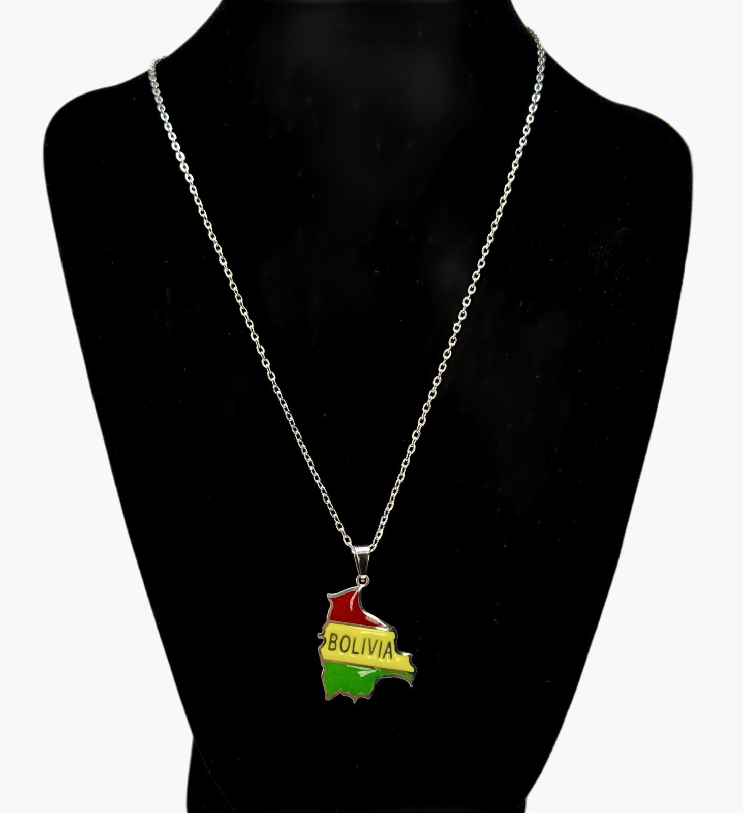 Bolivia Map Pendant Necklace & Flag Pin Set Red Yellow Green Gift Souvenir