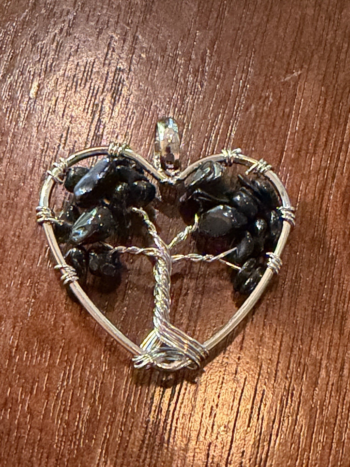 Tree of Life Heart Pendant Black Obsidian Tourmaline Chip Stone Wire Wrapped