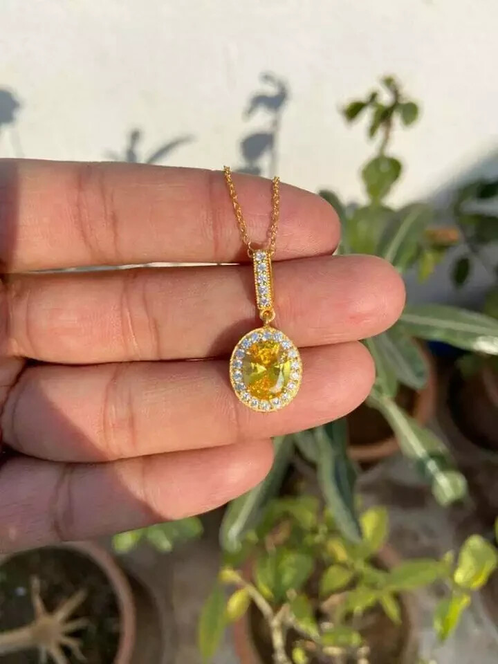 2.10Ct Oval Cut Citrine Diamond Halo Pendant 14K Yellow Gold Over 18″ Free Chain