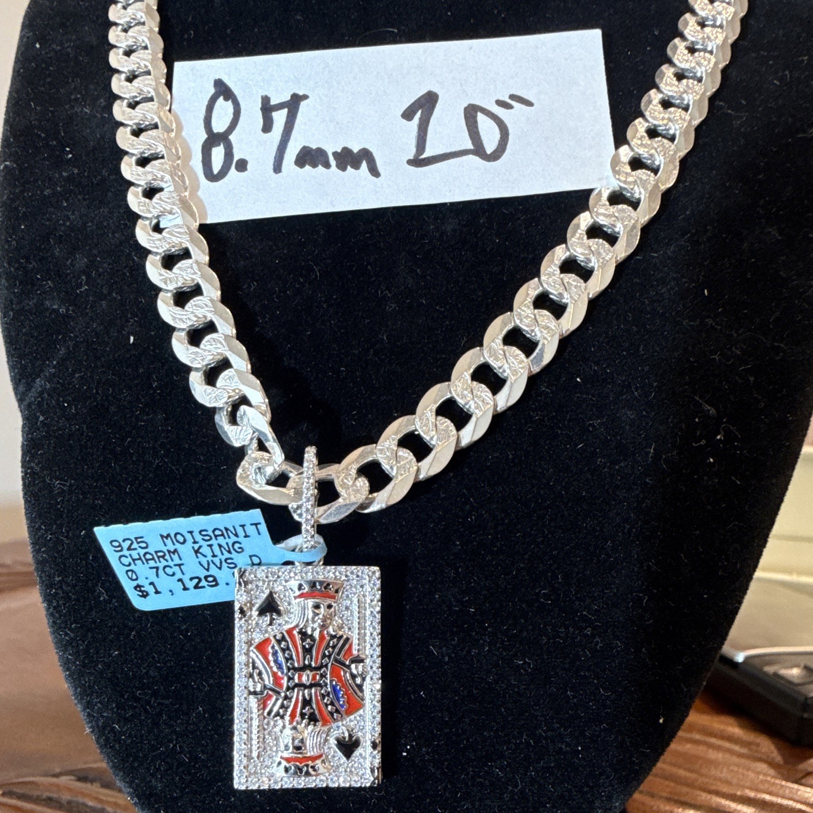 8.7mm Solid 925 (45g) Cuban Link Chain w Moissanite King Card Pendant