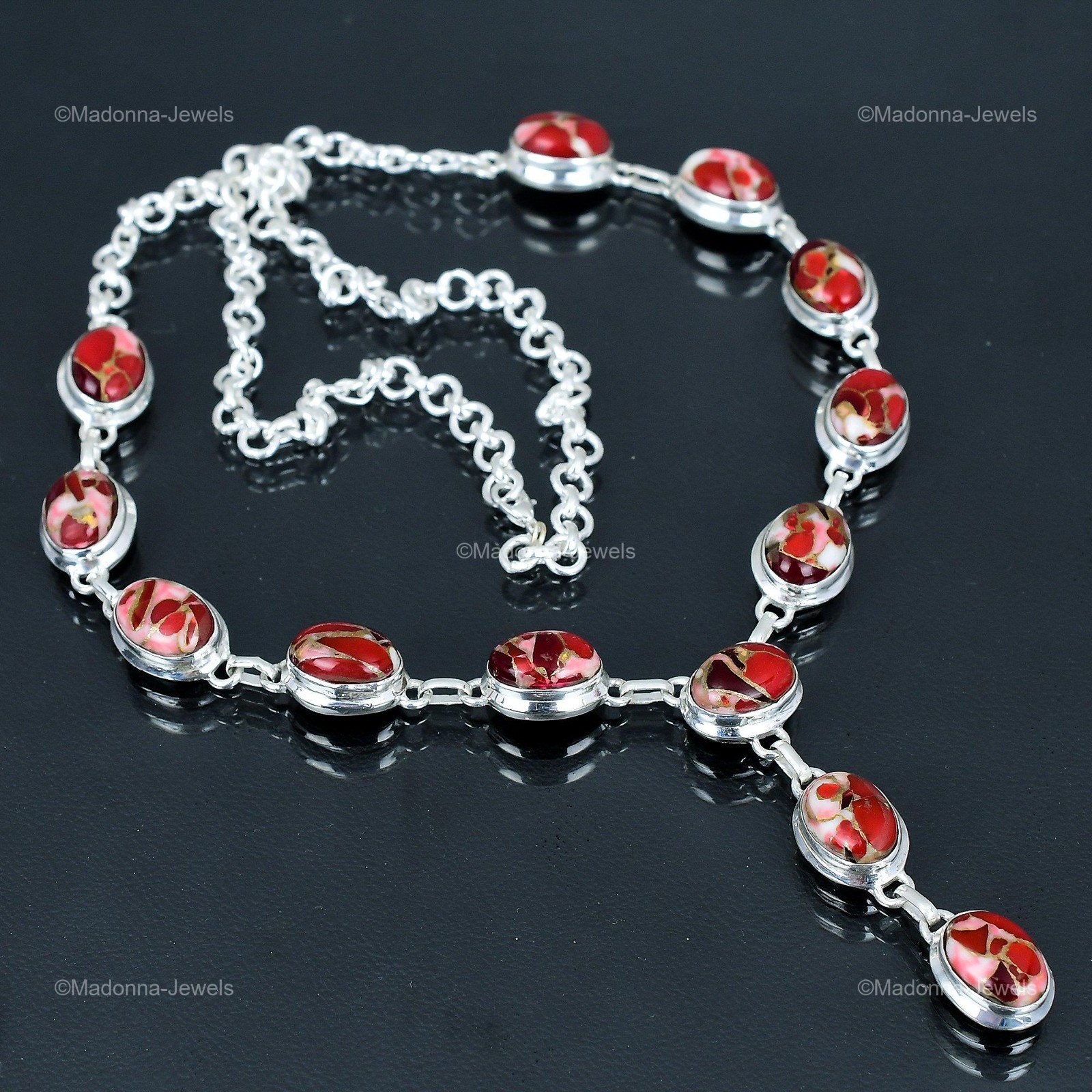 925 Silver Oval Kingman Red Mohave Copper Turquoise Stone Chain Necklace Jewelry