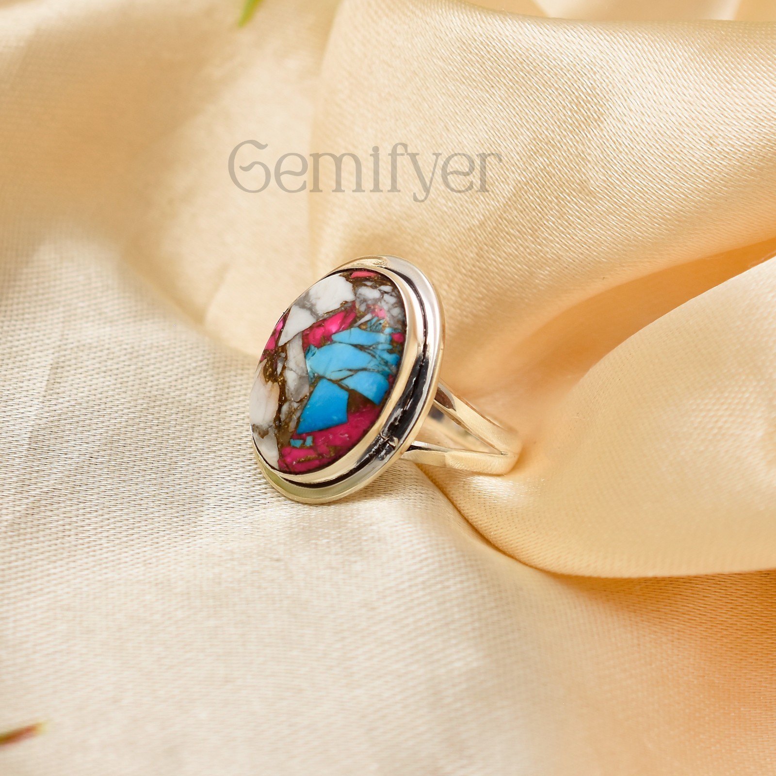 13×18 Natural Cotton Candy Turquoise 925 Sterling Silver Handmade Ring For Women