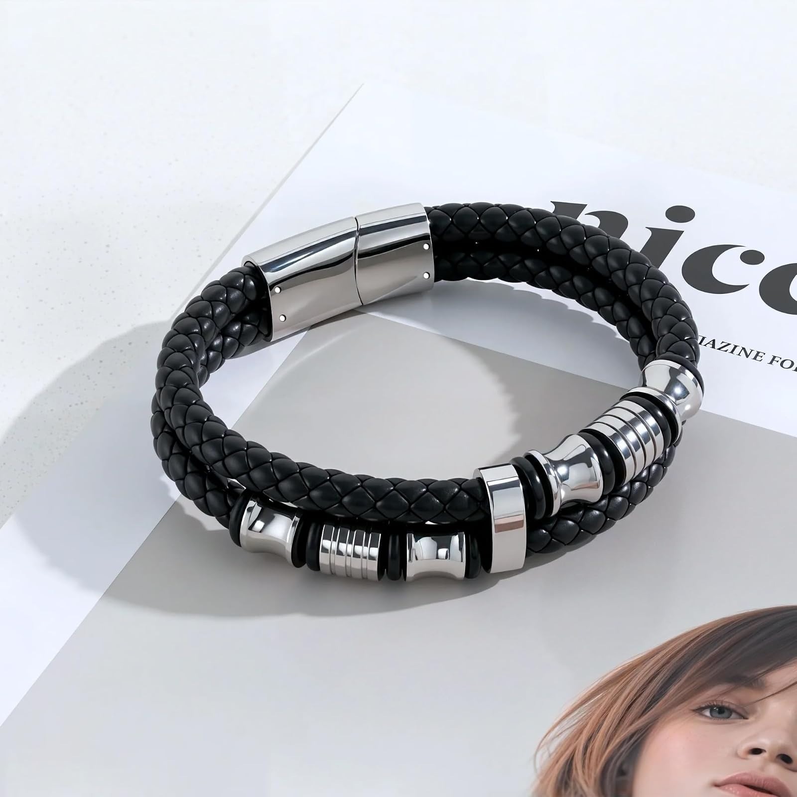 Men’s Braided Leather Bracelet 316L Stainless Steel Cuff