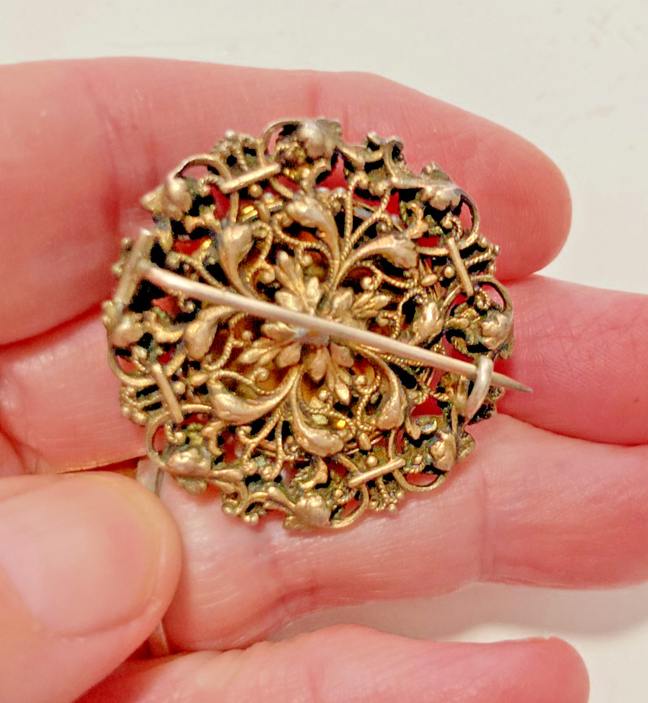Silver Antique Austro Hungarian Brooch w Real Emeralds & Seed Pearls BIN