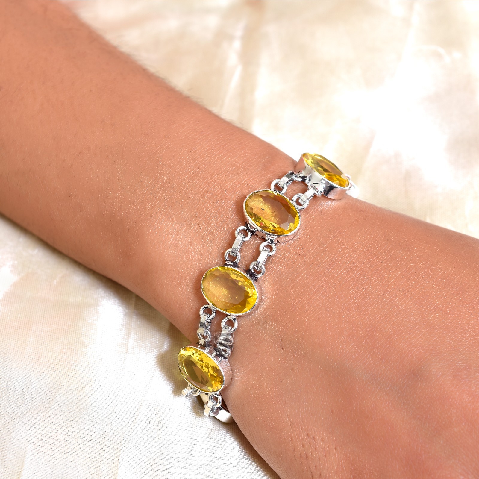 Solid 925-Streling Silver Citrine Gemstone Vintage Style Women Gift Bracelet 7-8