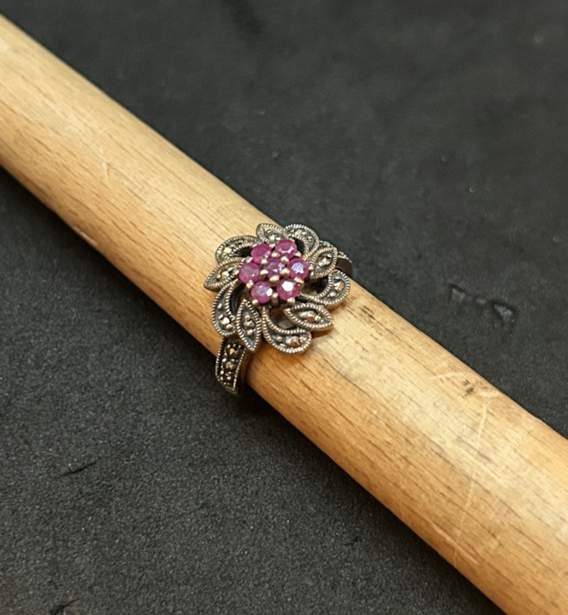 925 Sterling ACI Marcasite Pink Gem Flower Ring Sz 5.5 – 4.39g