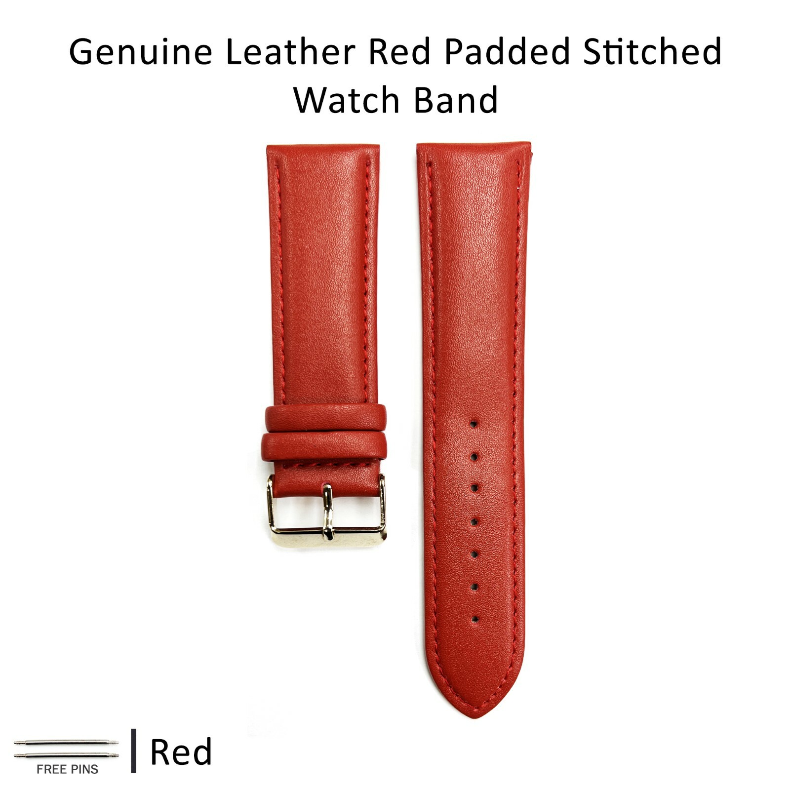 Genuine Leather Red Color Watch Band 12 MM to 30 MM Red & White Stitched