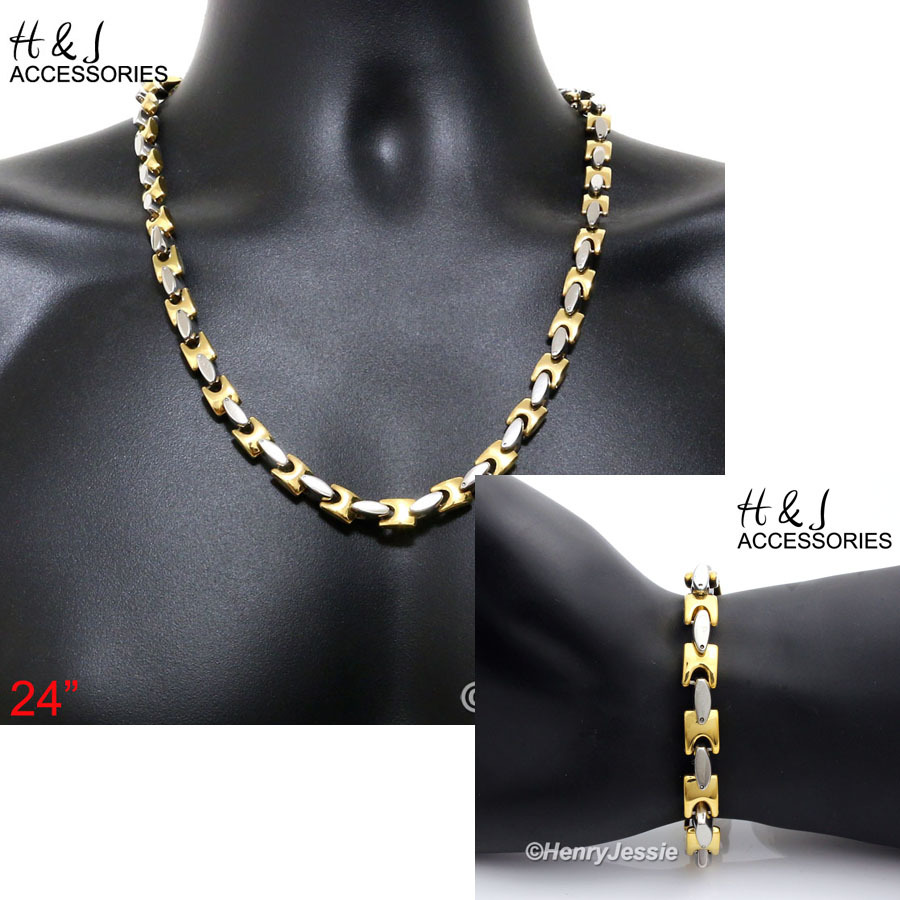 24″Stainless Steel HEAVY 8mm Silver/Gold Plated Interlock Bone Necklace Bracelet