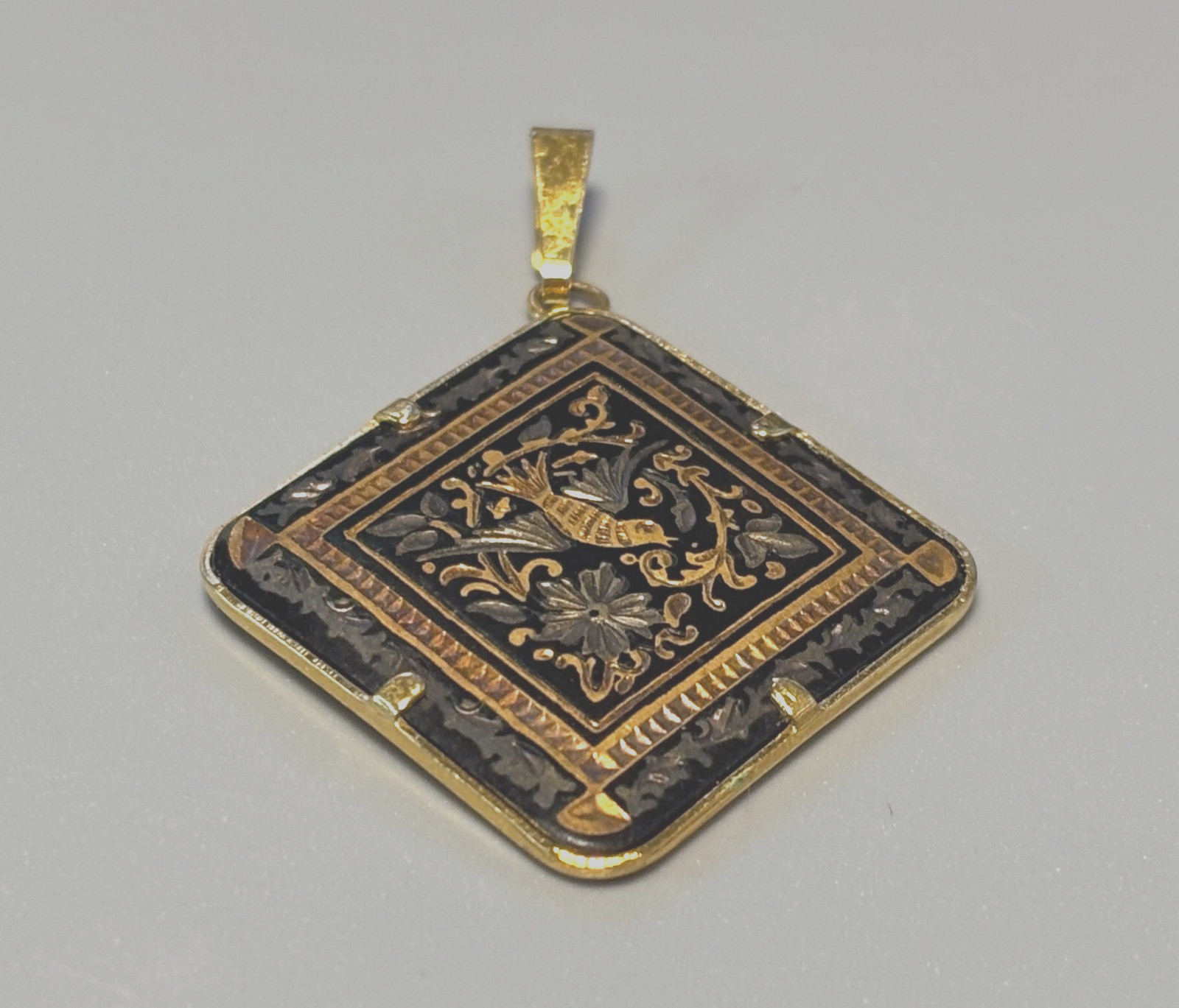Vintage DAMASCENE Gold Tone/Black Bird & Flower Square Pendant