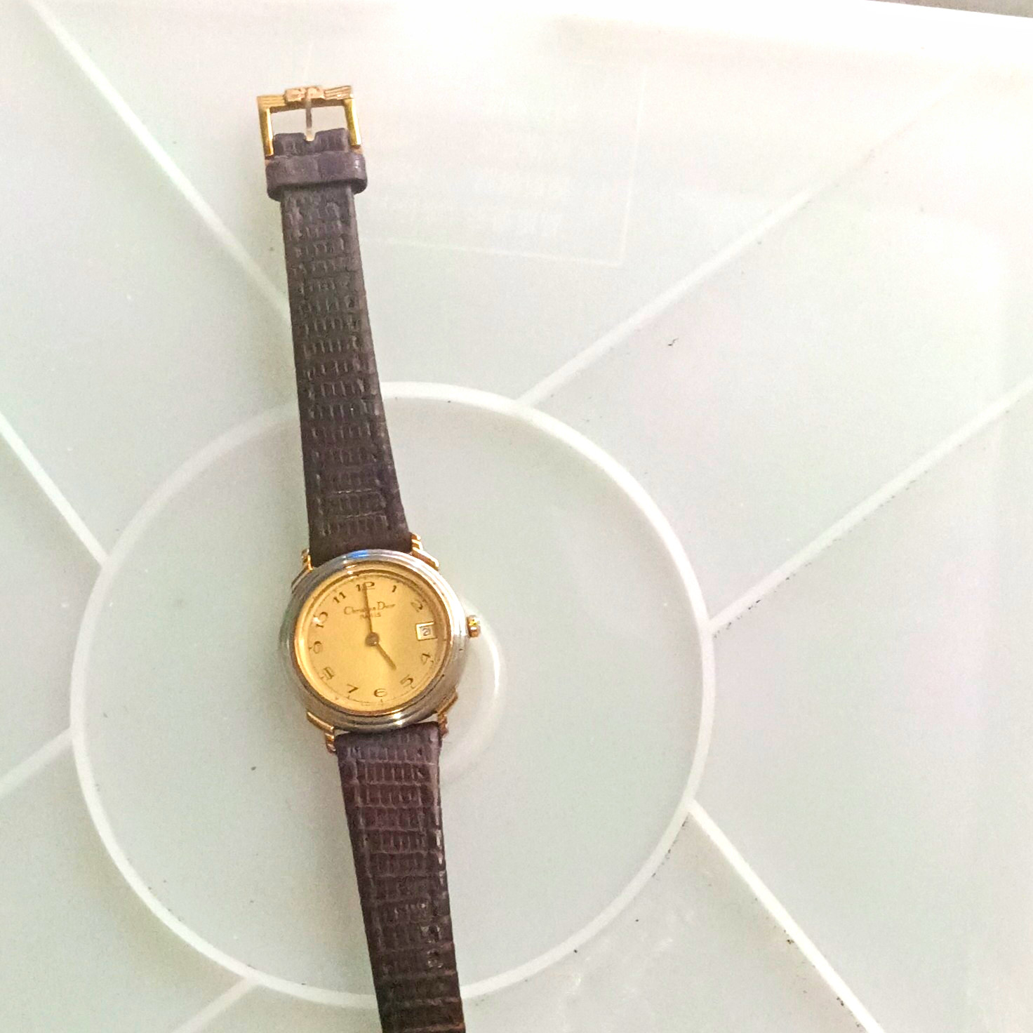Christian Dior Womens Quartz Date Analog Gold Dial Brown Leather Strap Watch