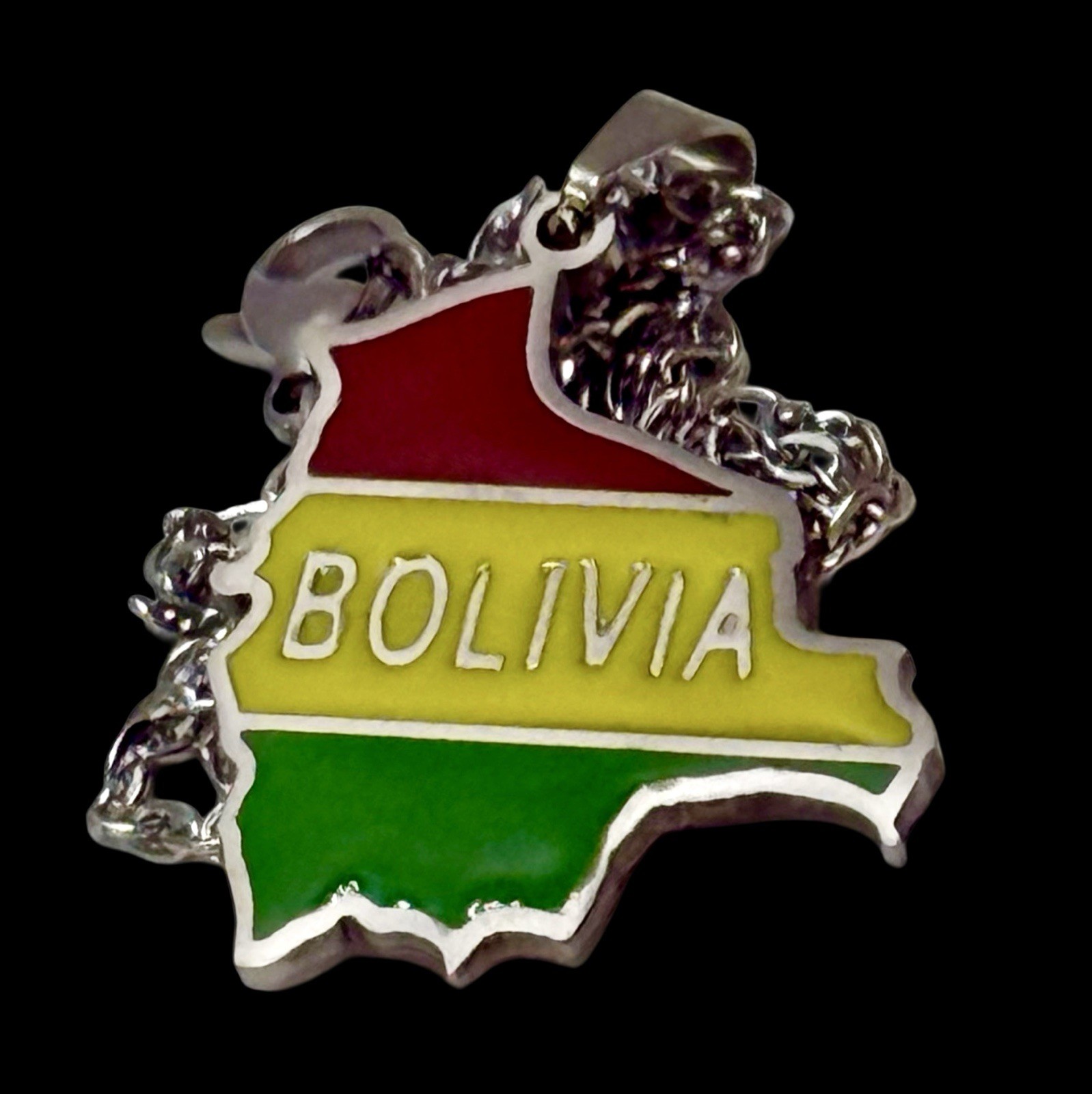 Bolivia Map Pendant Necklace & Flag Pin Set Red Yellow Green Gift Souvenir