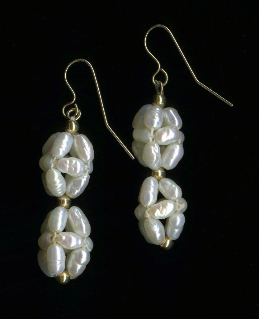 14K 5.07 Gram 45mm Solid Yellow Gold White Rice Pearl Cluster Hook Earrings (VF