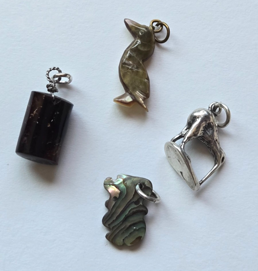 Lot of 4 VTG 70s New Zealand Travel Charms ~ Sterling, Pava Shell, Wood