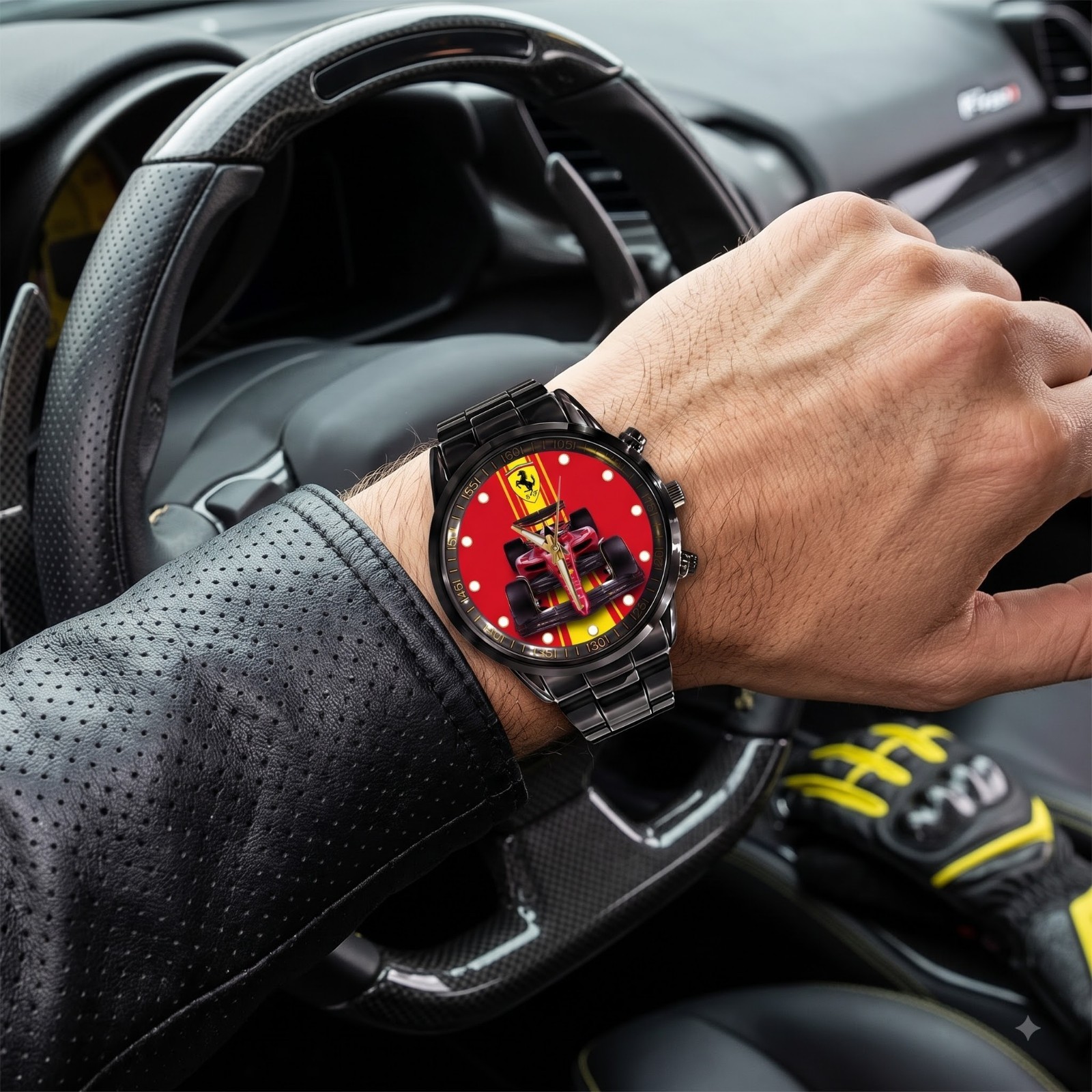 Ferrari Inspired Red Motorsport Watch Luxury Racing Black Stainless Steel Watch
