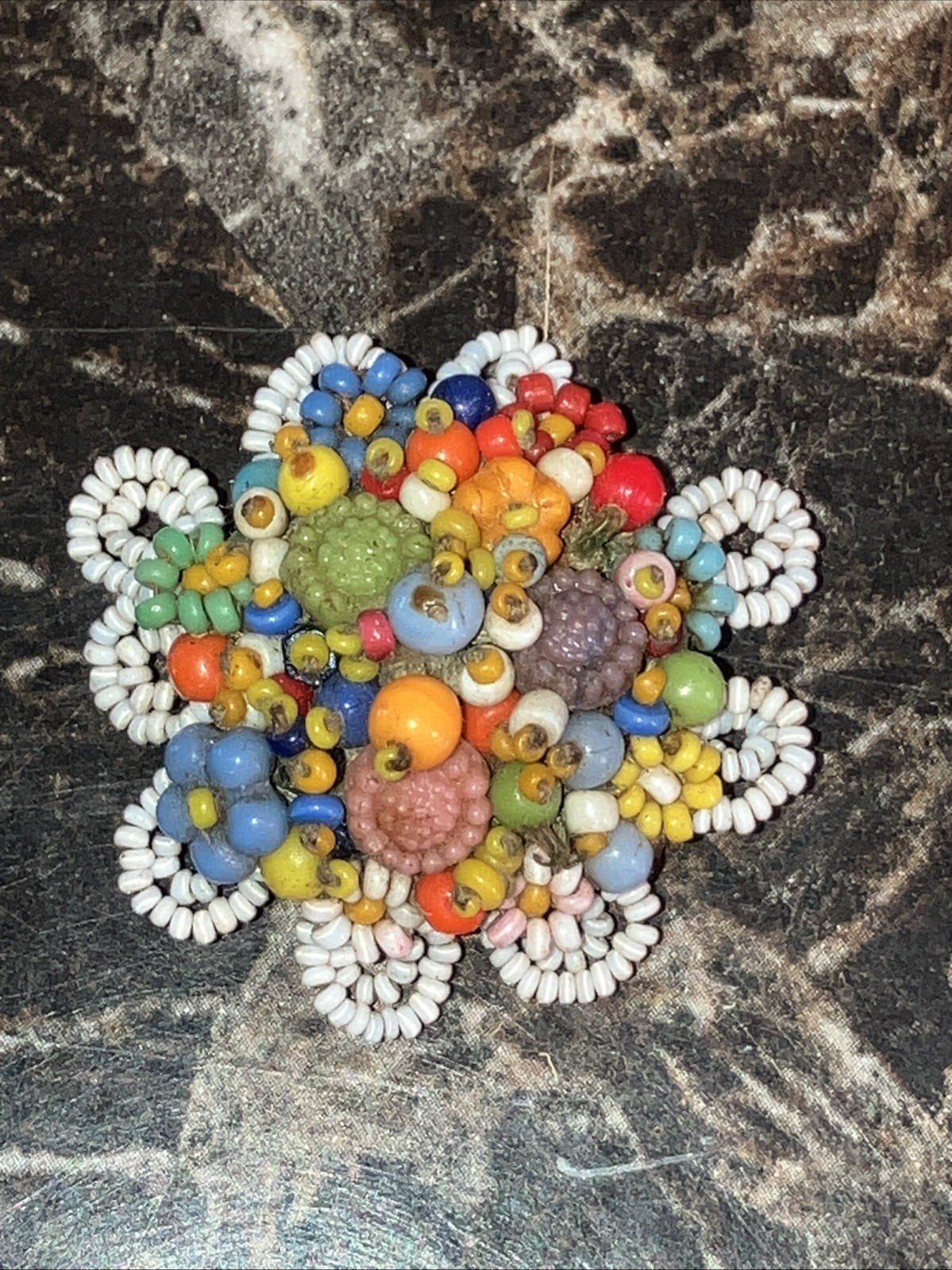 Antique Micro Seed Bead Floral Bouquet Handmade Brooch