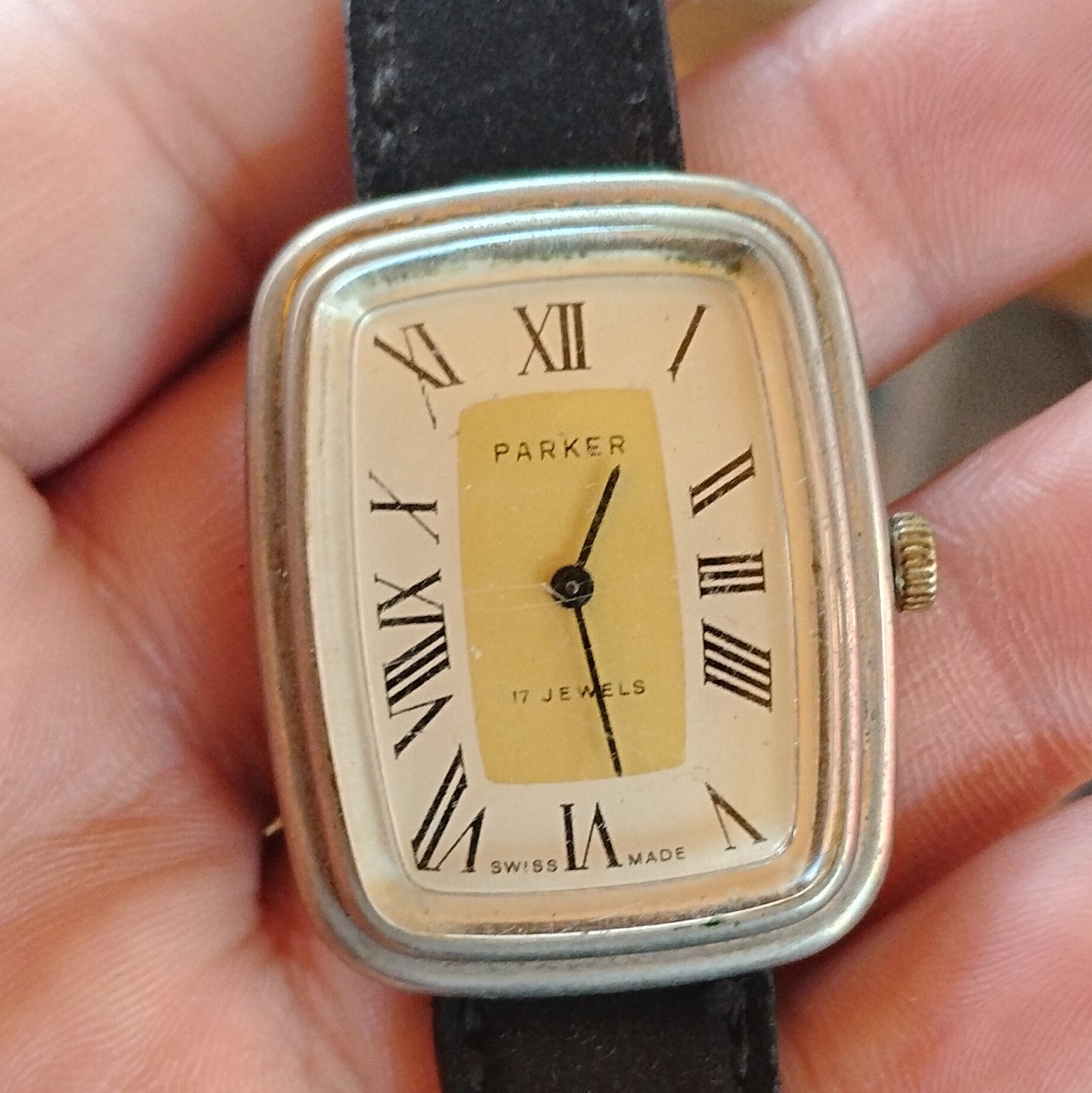 Parker Swiss Made Manual Mechanical 17 Jewel Rectangle Roman Watch Black Strap