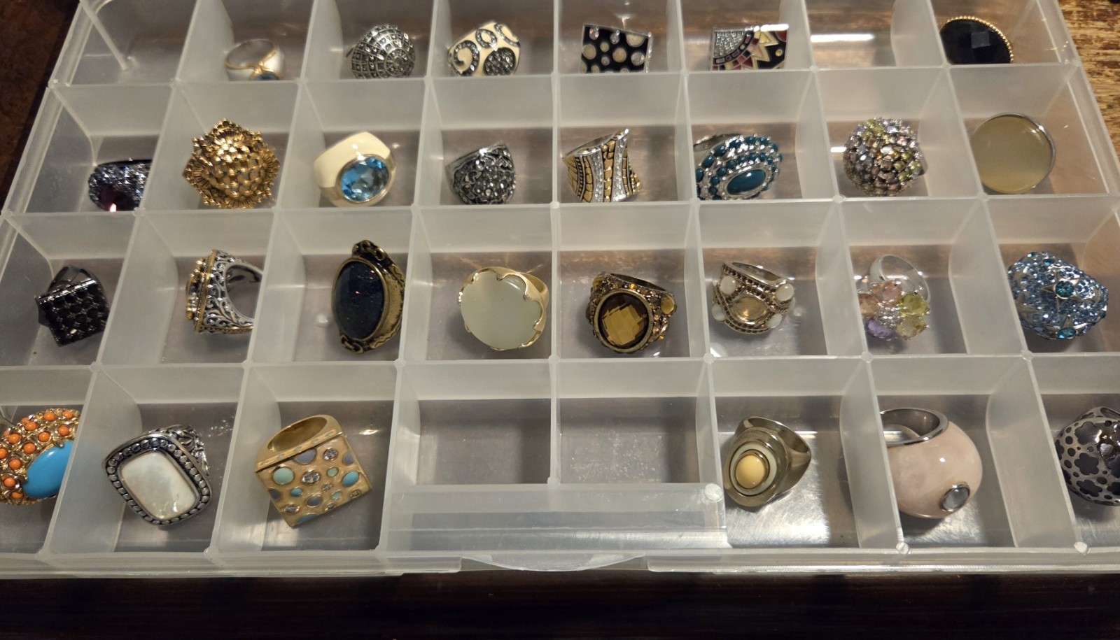 28 Pc Estate Costume Ring Lot Chunky Statement Chico’s Cannes 18K HGE w/ Tray