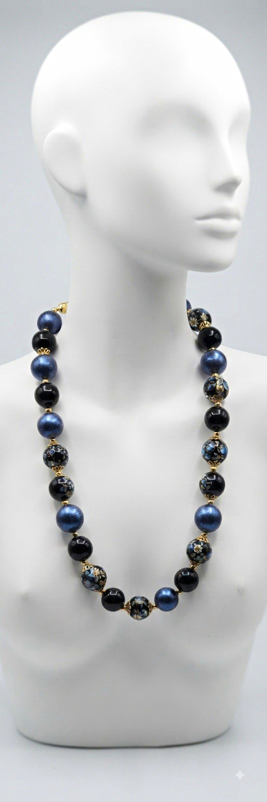 Blue & Black Beaded Floral Necklace 24 in Ball/Bead Chain Lobster