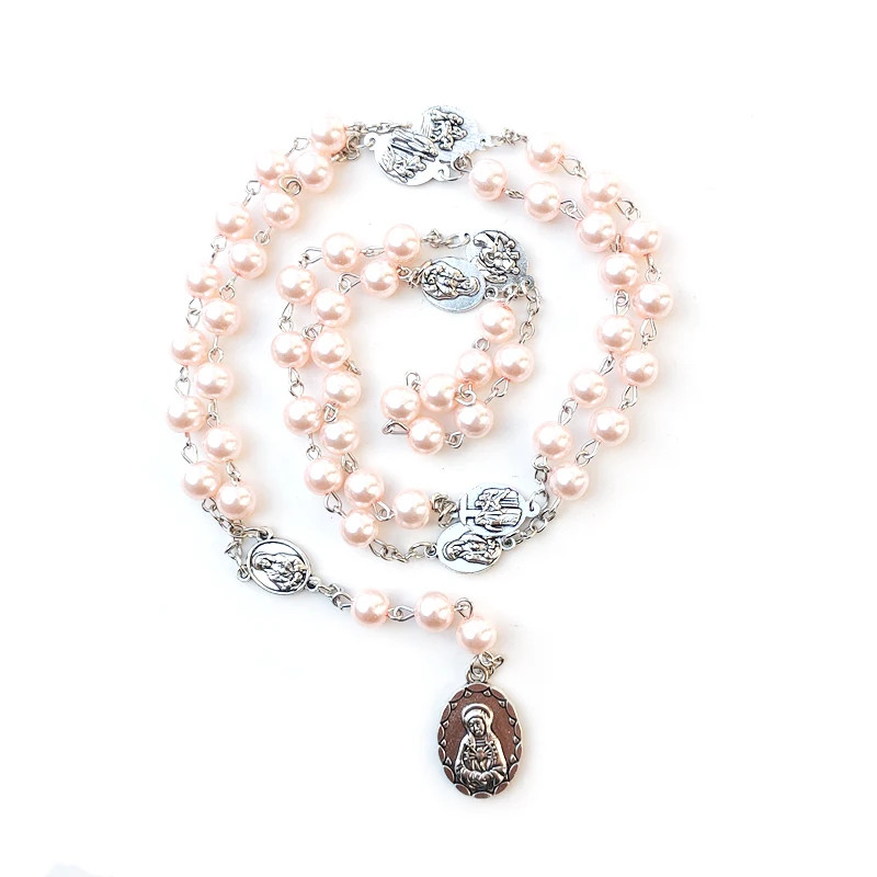 White Glass Pearl Rosary Seven Sorrows Pendant Necklace Long Beaded Catholic Pra
