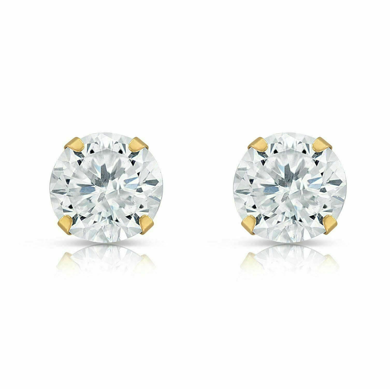14k Yellow gold round clear CZ martini prong set stud earrings 1.5-10mm