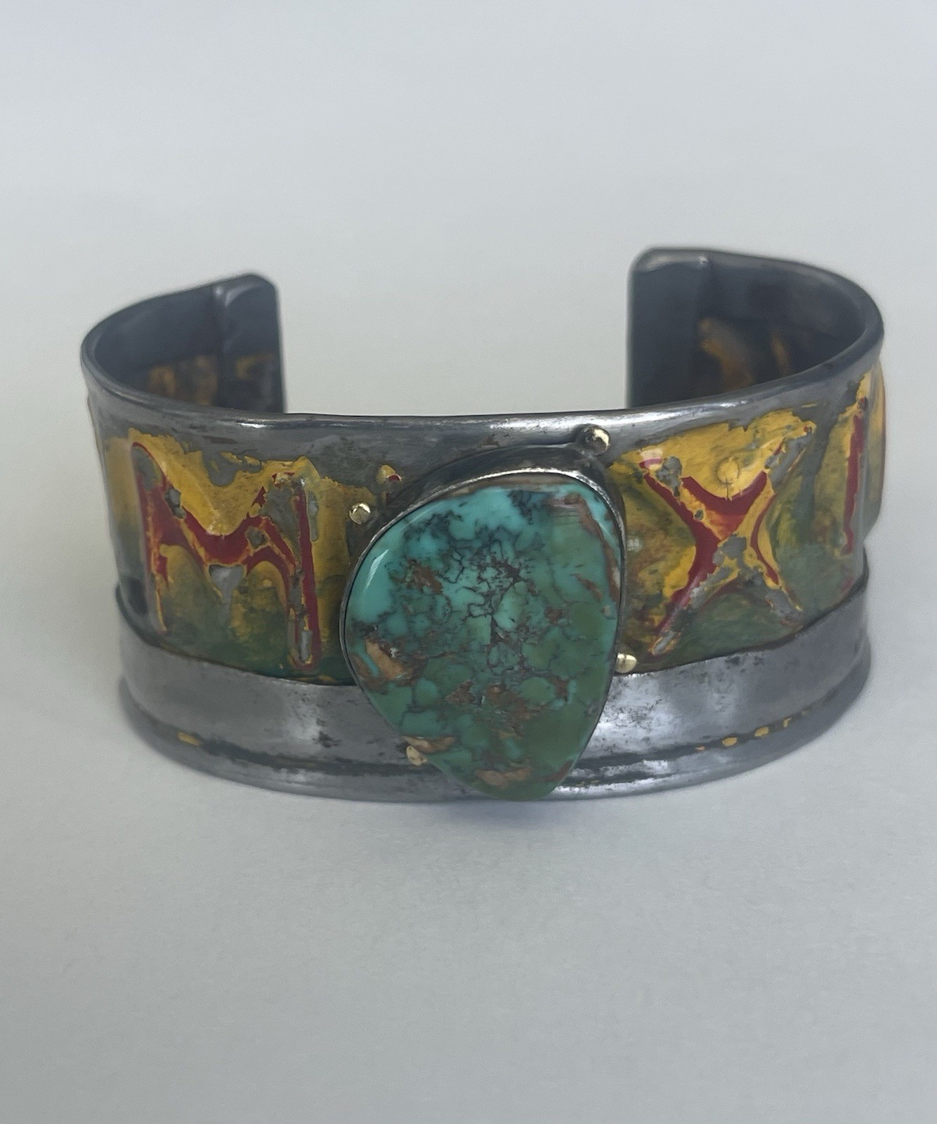 Kit Carson New Mexico License Plate Cuff Bracelet Turquoise 18k accents artisan