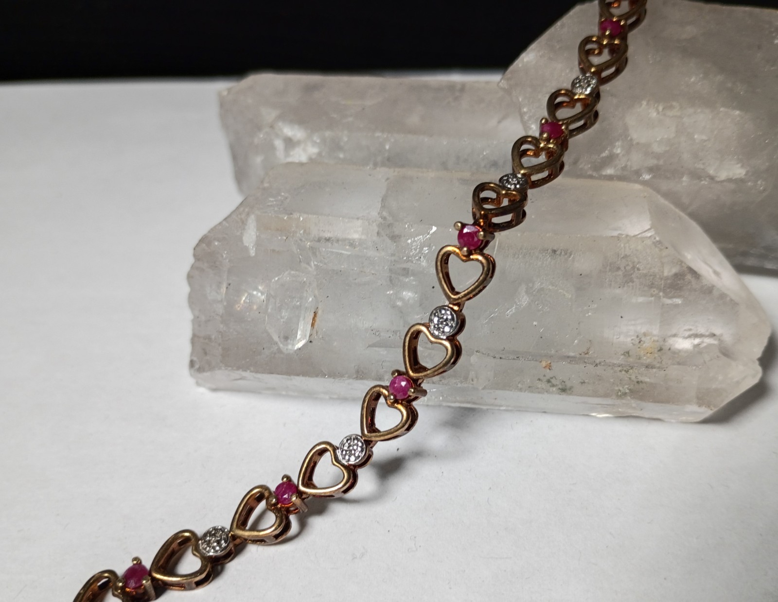 Vintage Ross Simons Sterling Silver Vermeil Heart Link Ruby Bracelet 7.5″