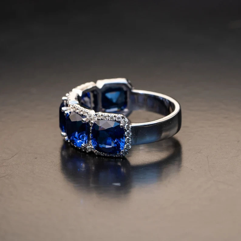5.50 Ct Cushion Cut Sapphire & Diamond Engagement Ring 14K White Gold Size 8