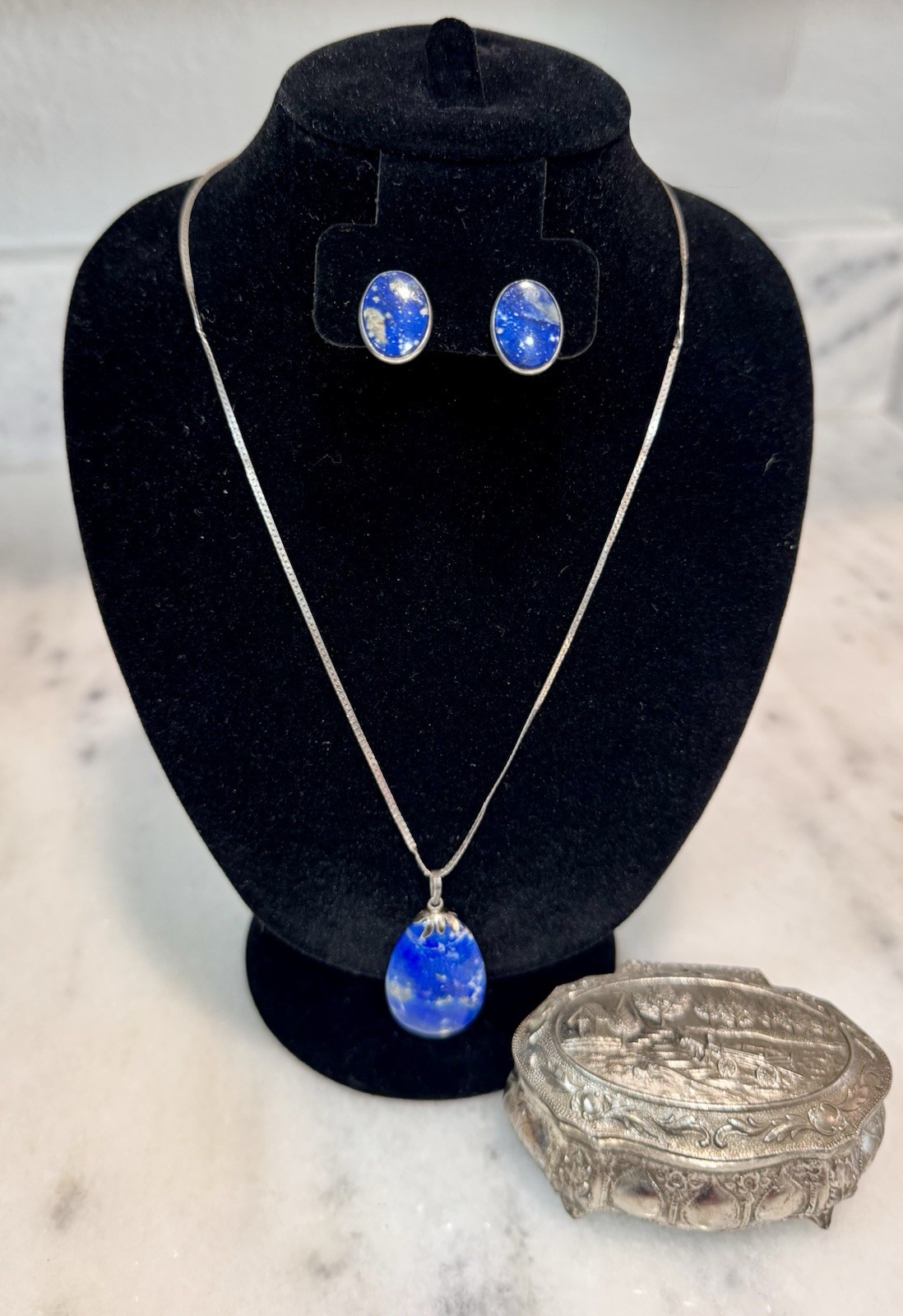 Vintage Mid Century Stamped Sterling Lapis Lazuli Necklace,Earrings & Coffer Lot