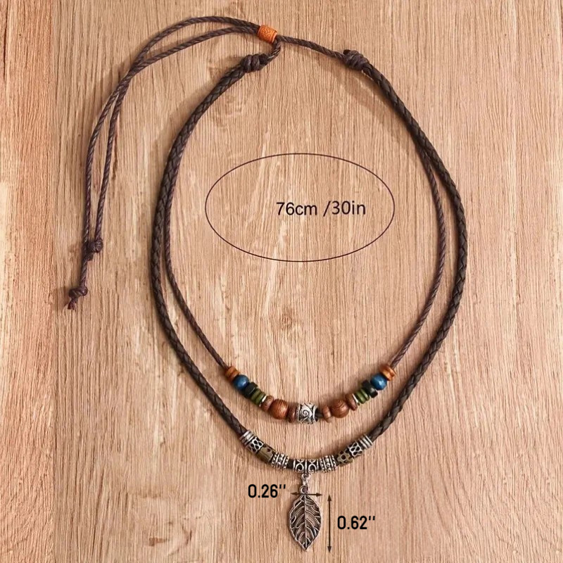 New PU Leather Leaf Wooden Bead Necklace Party Ornament Jewelry Gift Men Women
