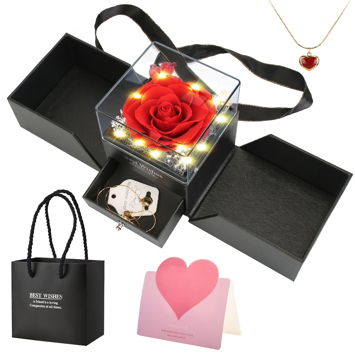 Preserved Red Real Rose w/ Heart Necklace Eternal Flowers w/ Golden