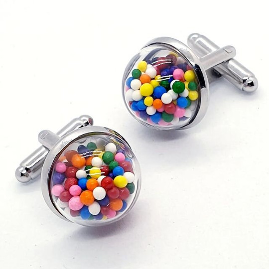 Unique GUMBALL CANDY CUFFLINKS chrome CUFFS moving SNOWGLOBE dome SUPER COOL!