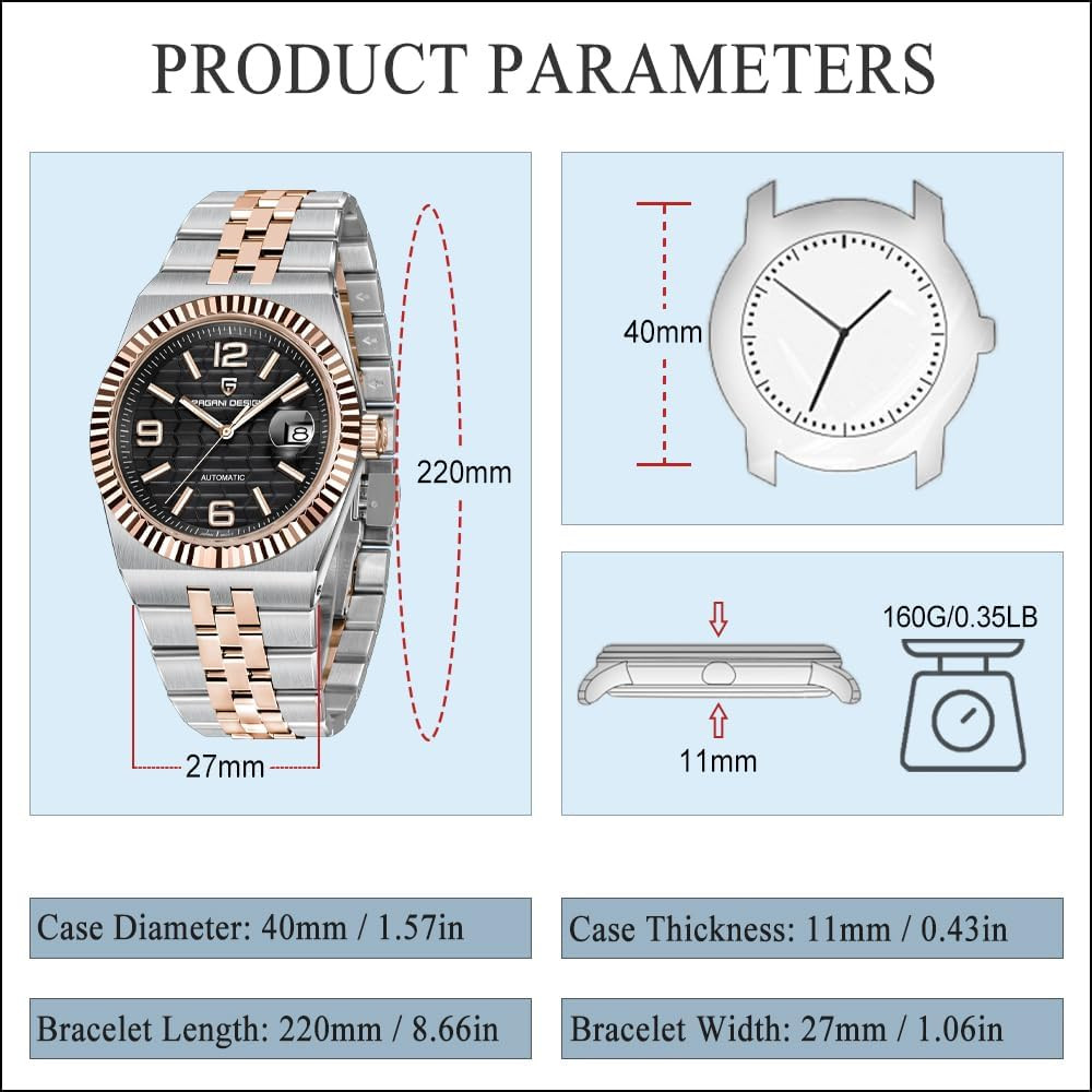 Men’s 40mm Automatic Mechanical Watch – Sapphire, 100M Waterproof, Luminous