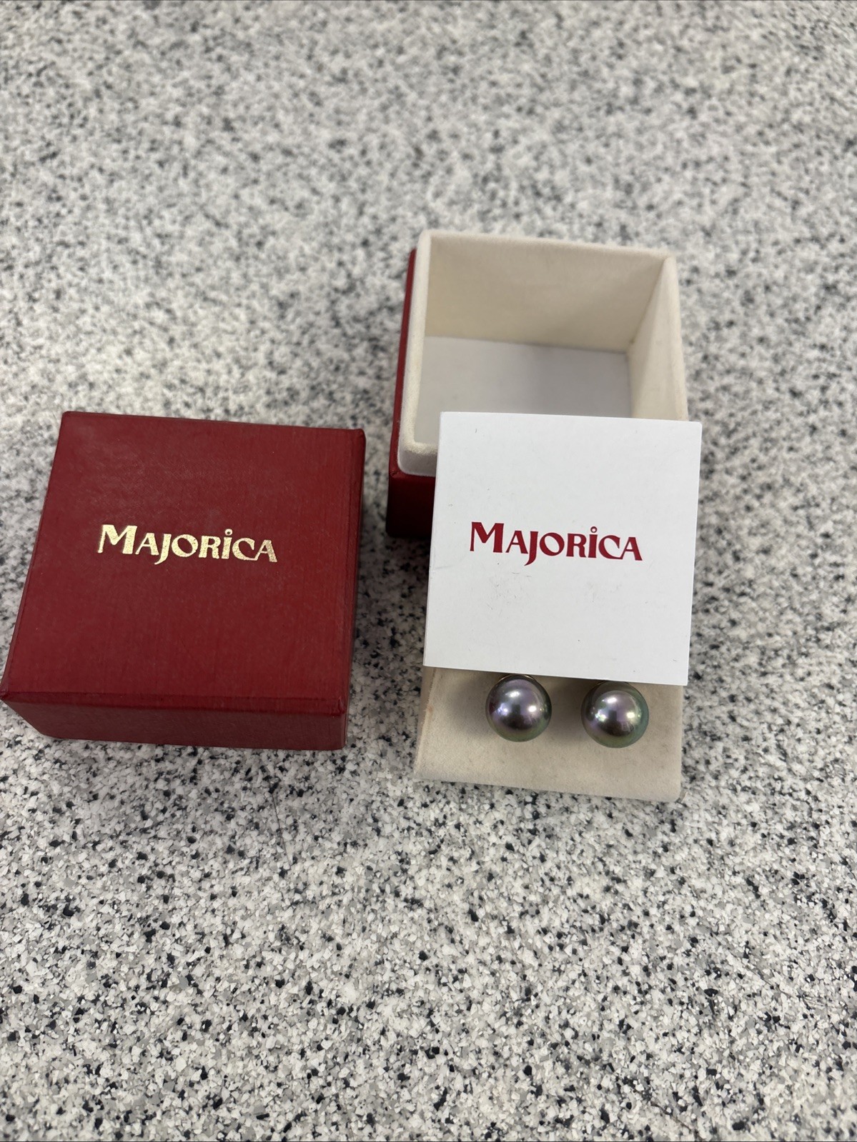 Vintage MAJORICA Sterling Silver Vermeil Gray Pearl Stud Earrings W/Original Box