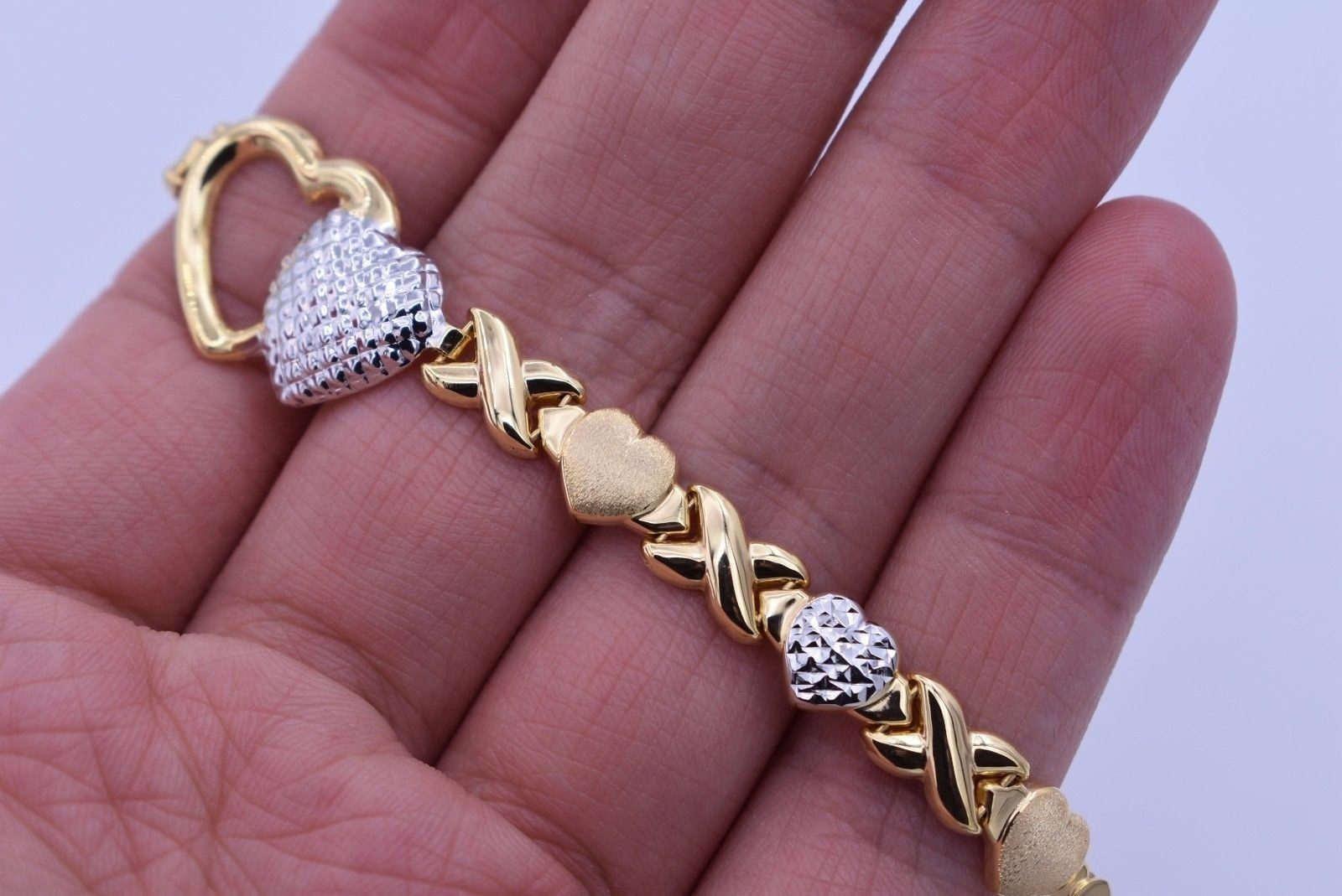 7.25″ Hearts & Kisses Bracelet 14K Yellow White Gold-Plated Silver XOXO 925