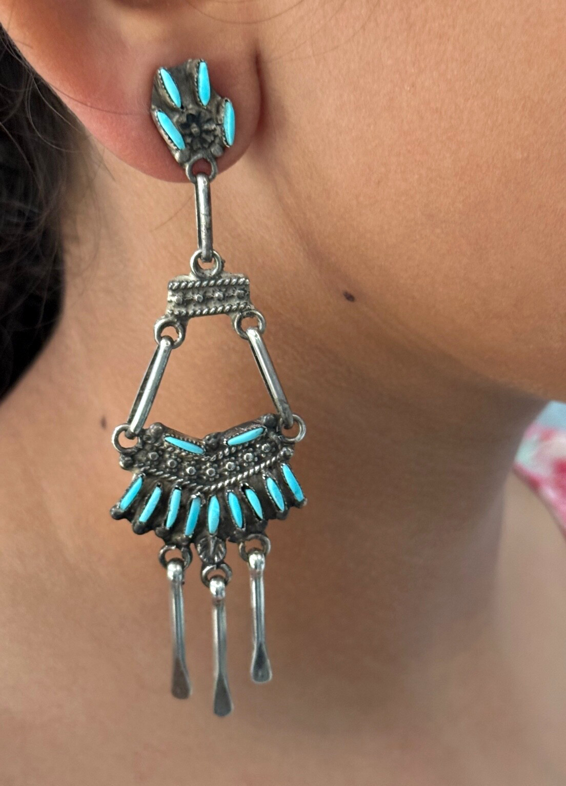 Vintage ZUNI Needlepoint Turquoise CHANDELIERS Sterling Dangle Earrings 3.75 in