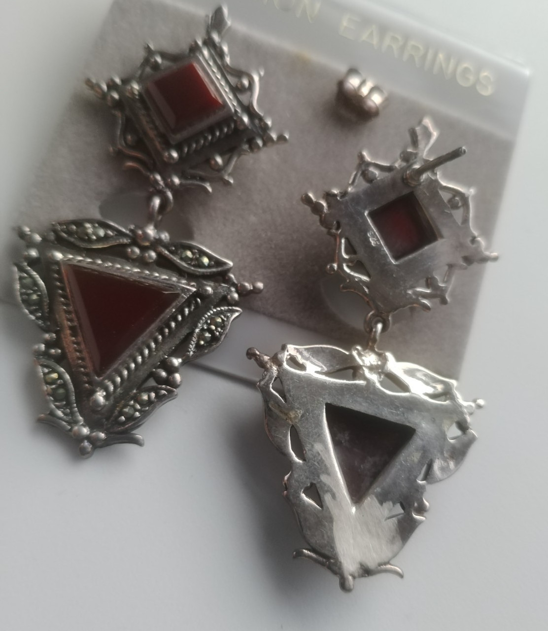 Carnelian Inset Triangle Drop Pierced Earrings