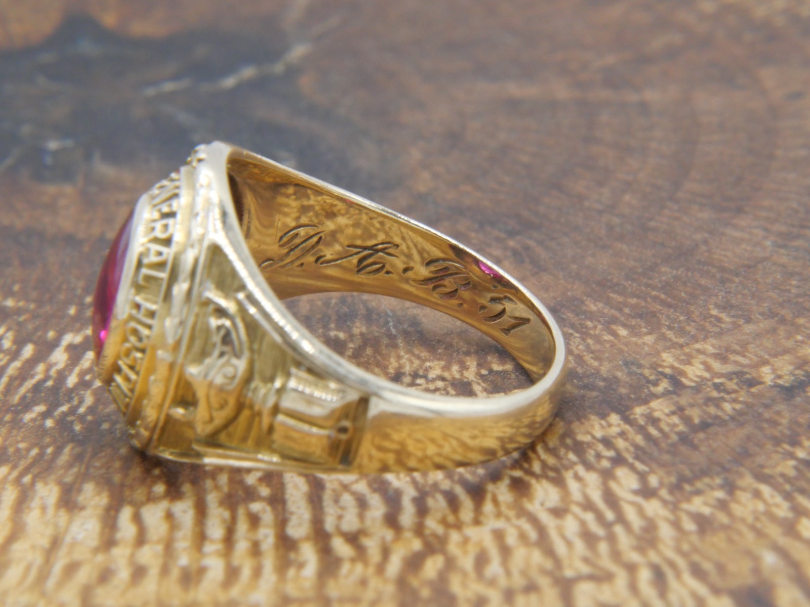 Antique 1931 10K Gold Lab Created Flame Fusion Ruby, Lancaster Hospital Ring
