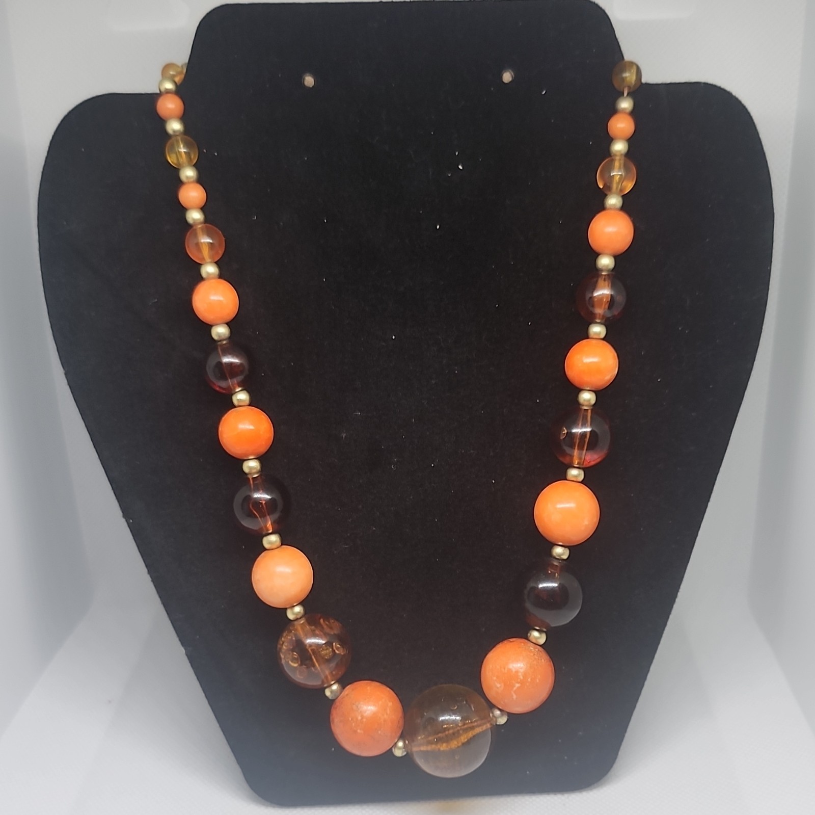 Vtg You&I Orange Brown Glass Beaded Necklace Adjustable Lobster Clasp Signed