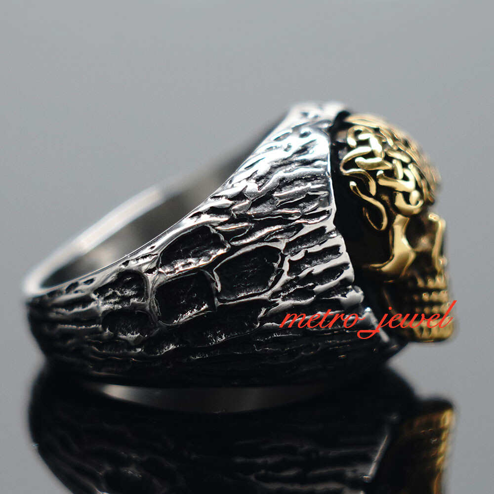 JXC Mens Two Tone Gold Plated Biker Skull Ring Stainless Steel Size 7 8 9 10-14