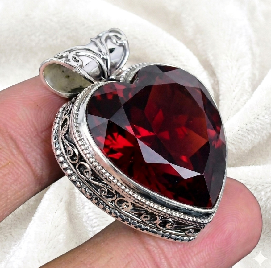 Mozambique Garnet Heart Gemstone Handmade 925 Sterling Silver Jewelry Pendant 2″